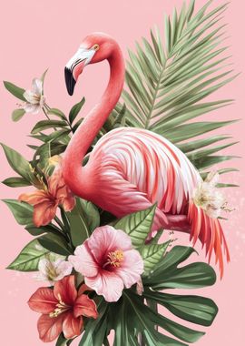 Pink Flamingo with Tropical Flowers