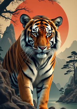 Tiger in Mountain Landscape