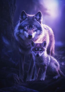 Wolf and Pup in Moonlight