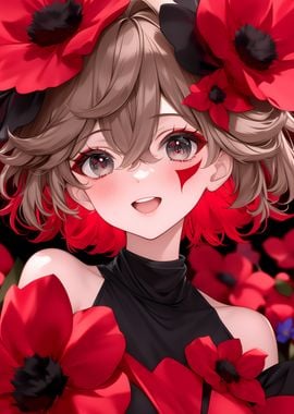 Anime Girl with Red Flowers