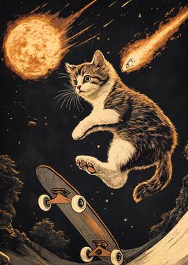 Cat Skateboarding in Space