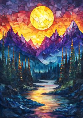 Stained Glass Mountain Forest autumn