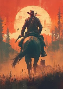 Cowboy Riding into Sunset