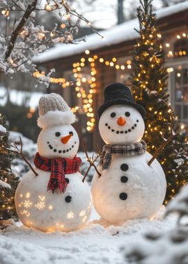 Snowman Couple Winter Lights