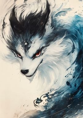 White Kitsune Yokai Fox with Blue Swirls