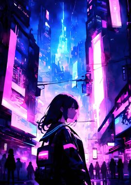 Cyberpunk Cityscape with Girl