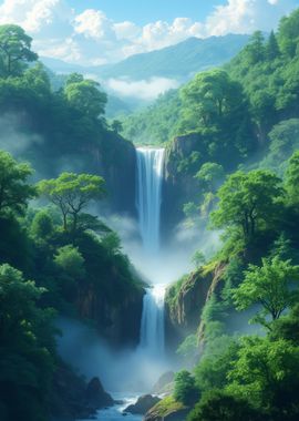 Waterfall in Lush Forest