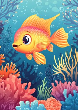 Cute Cartoon Fish Underwater