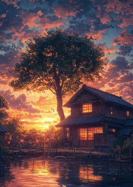 Japanese House Sunset