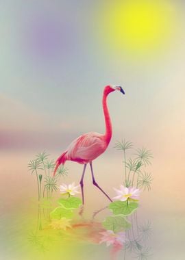 Pink Flamingo in Water Lilies