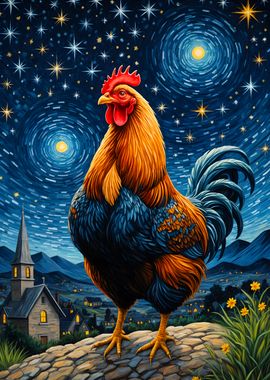 Rooster Chicken Starry Night