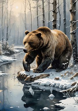 Brown Bear in Winter Forest