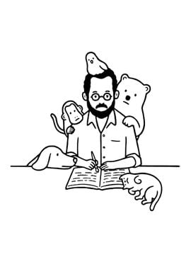 Man Writing with Animals