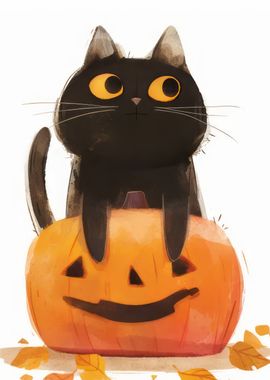 Black Cat on Halloween Pumpkin