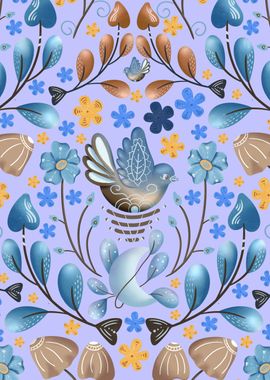 Folk Art Floral Blue Birds and Mushrooms