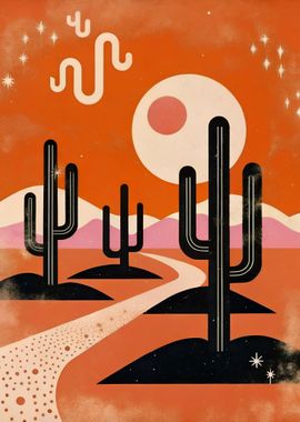 Retro Desert Landscape with Cacti and Cosmic Sun – Surreal Southwestern Art