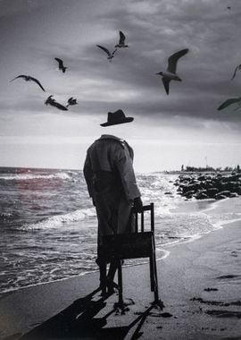 What We Choose to Drag – Surreal Monochrome Artwork of a Headless Man on the Beach with Birds