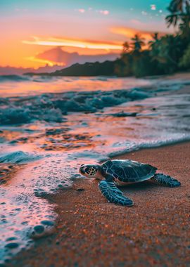 Sea Turtle Sunset Beach Ocean Sea Sand