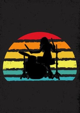 Drummer Girl Retro Vintage Silhouette Sunset