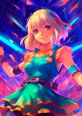 Smiling Anime Girl in Neon Lights