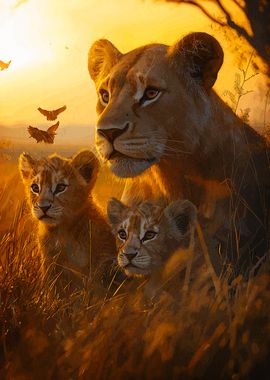 Lioness and Cubs at Sunset