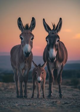 Donkey Family at Sunset