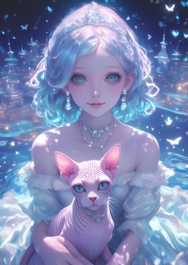 Anime Girl with Sphynx Cat