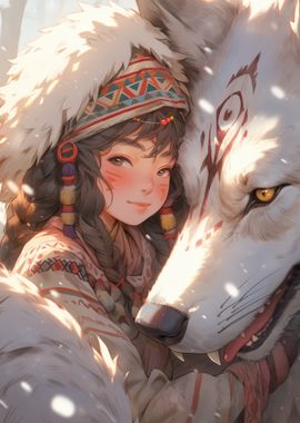 Anime Girl with White Wolf