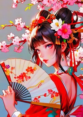 Anime Girl with Fan and Flowers