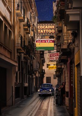 Nighttime Alleyway with Classic Car