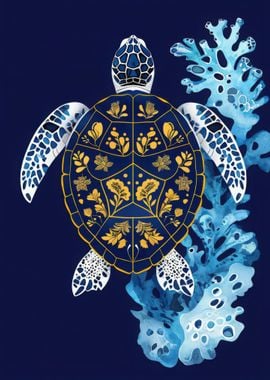 Sea Turtle with Floral Coral