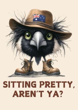 Aussie Magpie Bird in Hat and Boots, Bathroom Wall Art