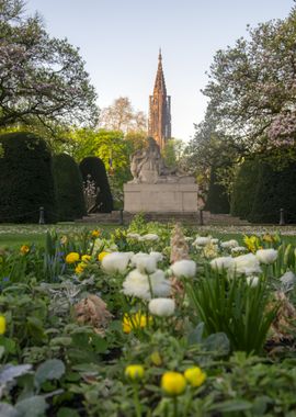 Spring Garden with Monument - Republique park, Strasbourg, Alsace, France