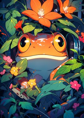 Frog with Headphones in Flowers