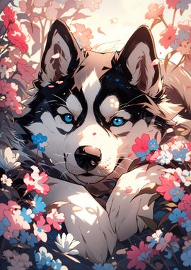 Husky in Flowers