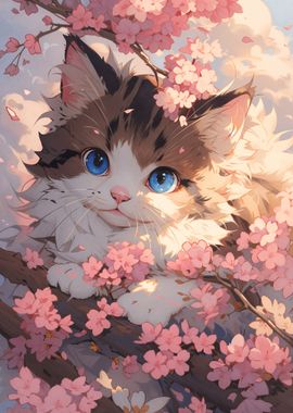 Cute Kitten in Cherry Blossoms