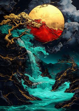 Golden Waterfall Moon