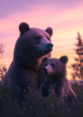 Mother Bear and Cub at Sunset