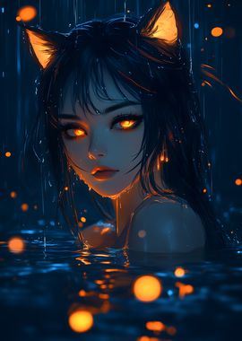 Anime Girl with Cat Ears in Rain