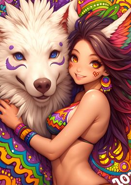 Anime Girl with White Wolf