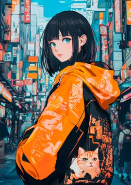 Anime Girl with Cat in City