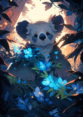 Koala in Blue Flowers