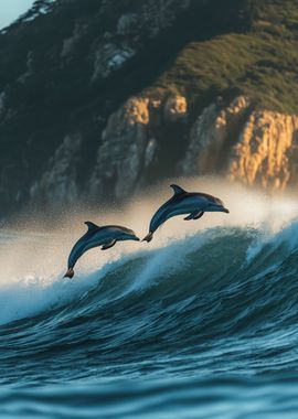 Dolphins Leaping Over Wave