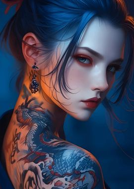 Blue-Haired Woman with Dragon Tattoo