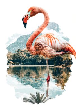 Pink Flamingo in Tropical Landscape