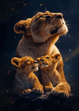 Lioness and Cubs Under Stars