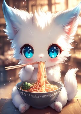 Cute Cat Eating Noodles