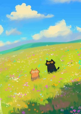 Cats in a Field of Flowers