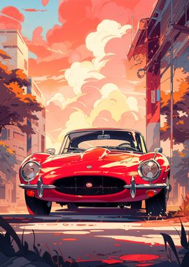 Red Classic Car Sunset