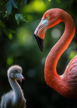 Pink Flamingo and Chick